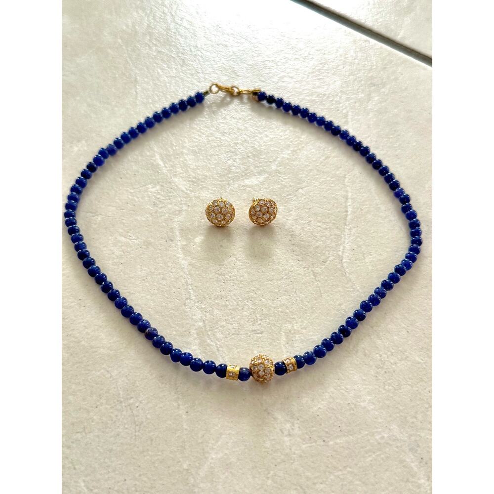 Blue Choker Necklace w/ Earrings with Gold Charm Pendant